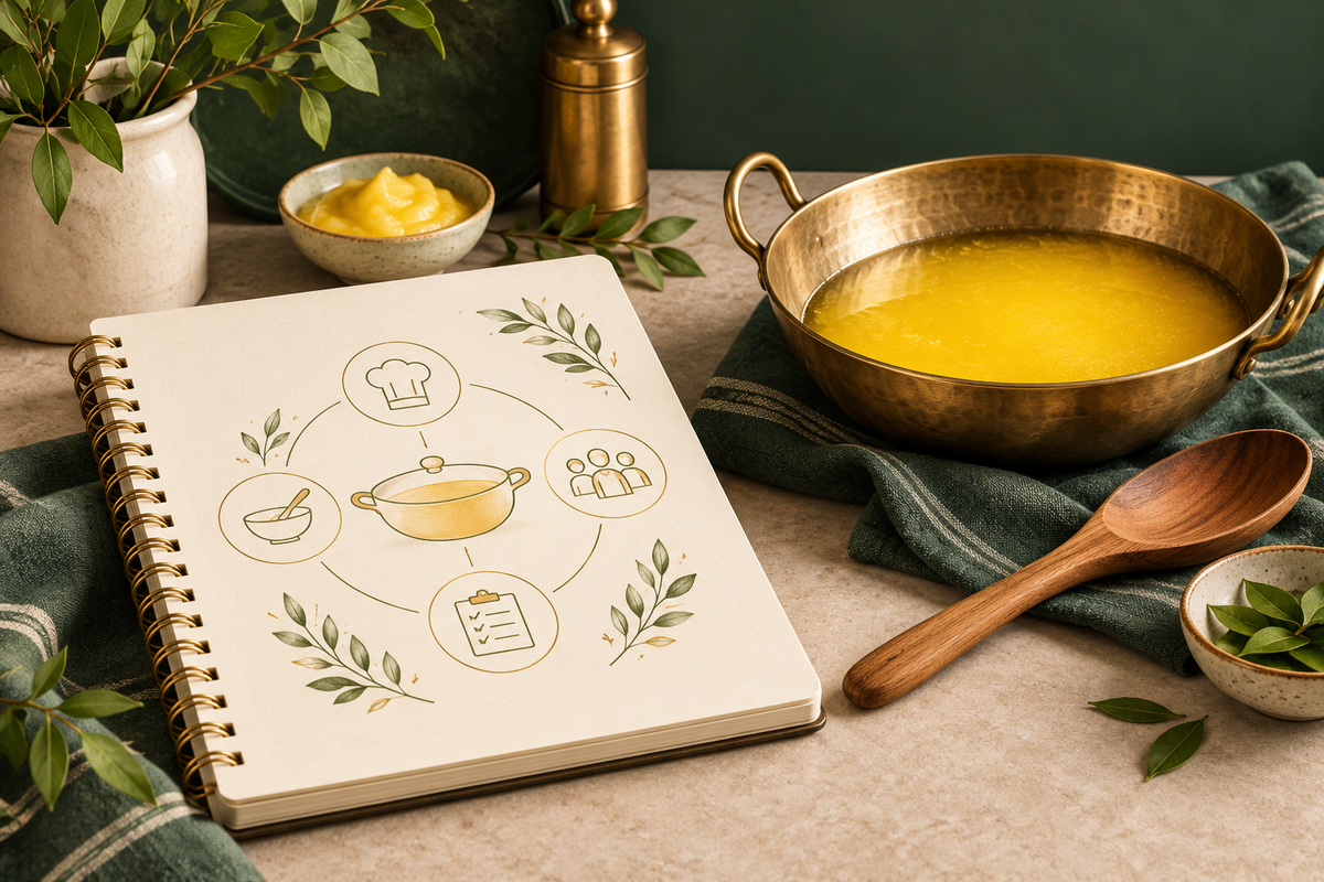AI-generated editorial illustration: an ivory demonstration planning notebook beside a cooking pan and wooden spoon, no people.
