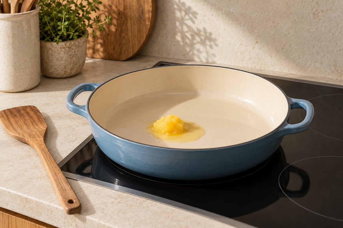 Illustration of a little ghee in an enameled casserole on an unlit hob.
