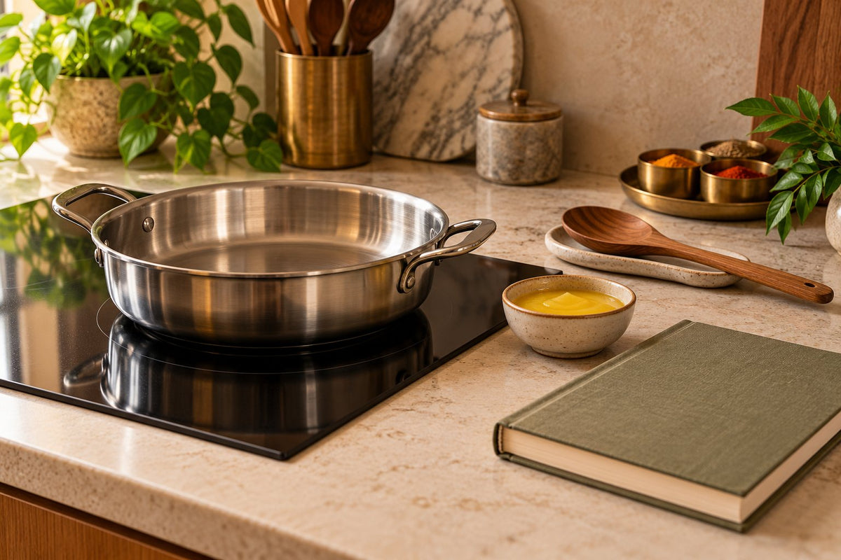 AI-generated editorial illustration of a pan on an induction hob beside ghee and a recipe notebook.