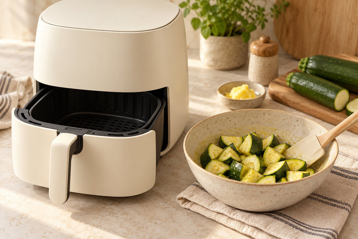 Editorial illustration of an open unbranded air fryer beside zucchini in a mixing bowl