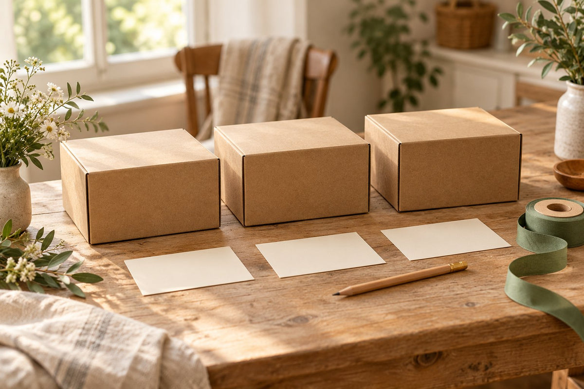 Editorial illustration of three plain shipping boxes with separate blank address cards