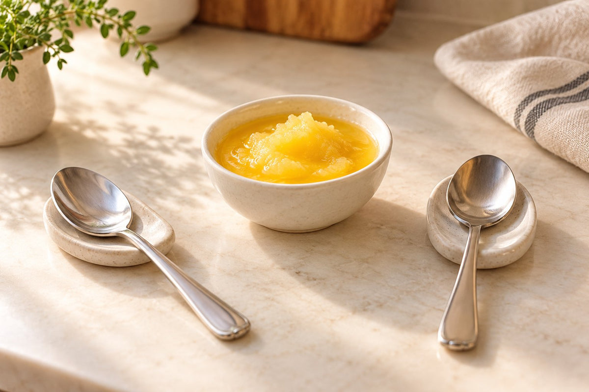 Editorial illustration of separate spoon rests beside a small bowl of ghee