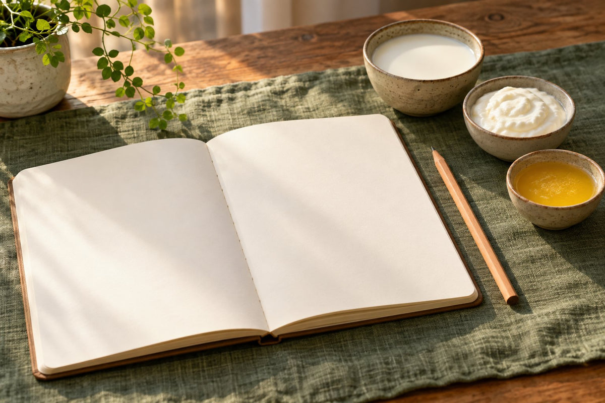 AI-generated modern still life of a blank notebook and pencil beside separate bowls of milk, curd and ghee; not the museum drawing.