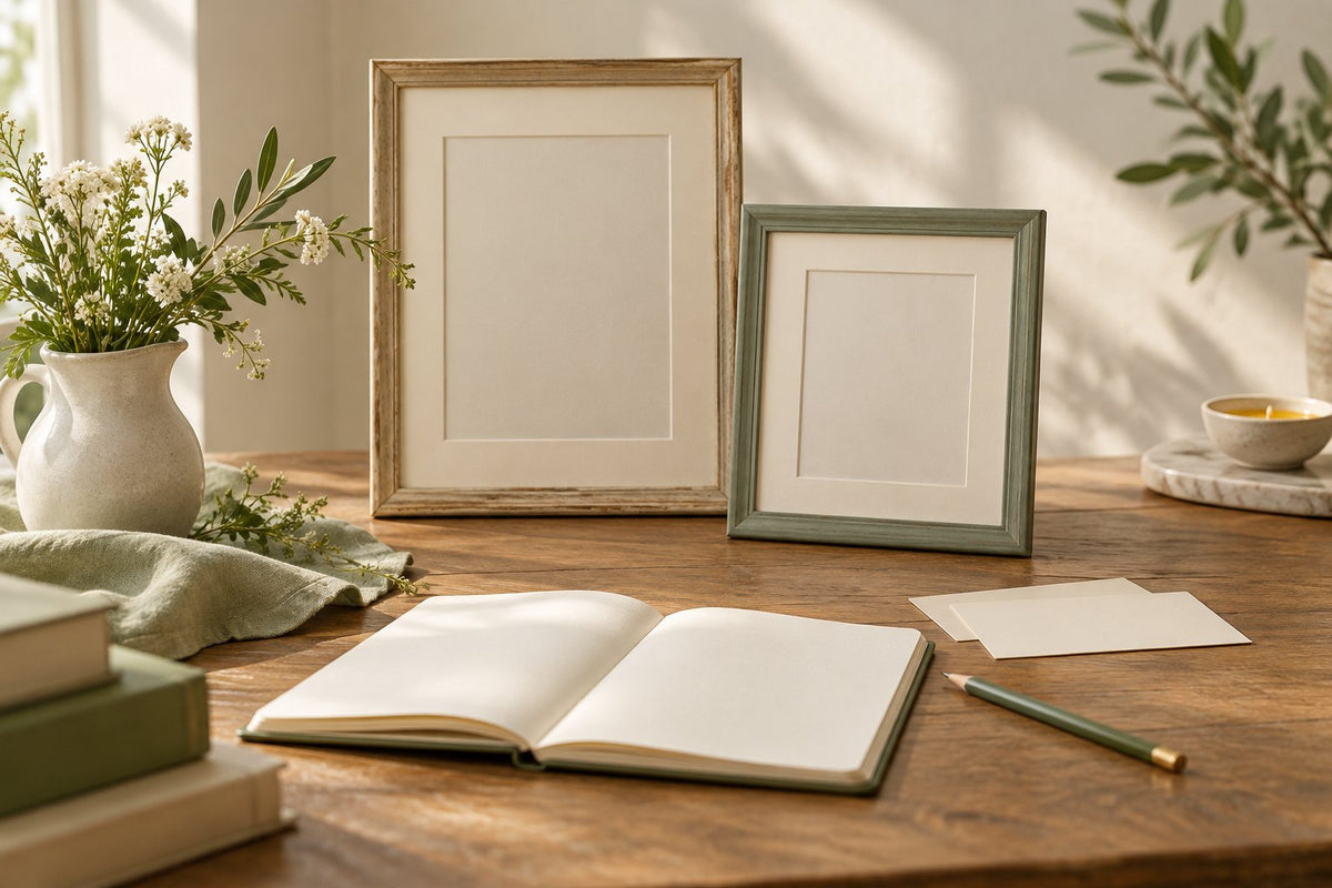 AI-generated illustration of two empty picture frames, blank caption cards and an open notebook, with no museum artwork reproduced.