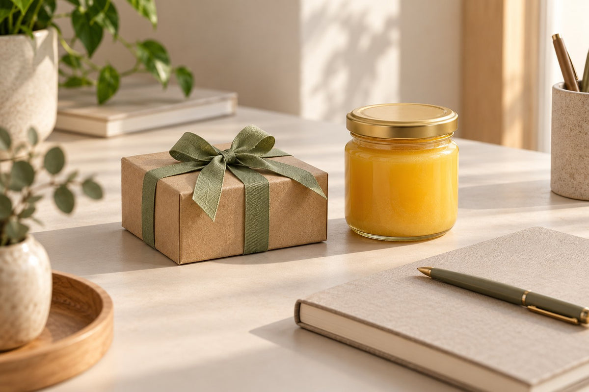 Conceptual illustration of a wrapped gift, generic ghee jar and closed office notebook.