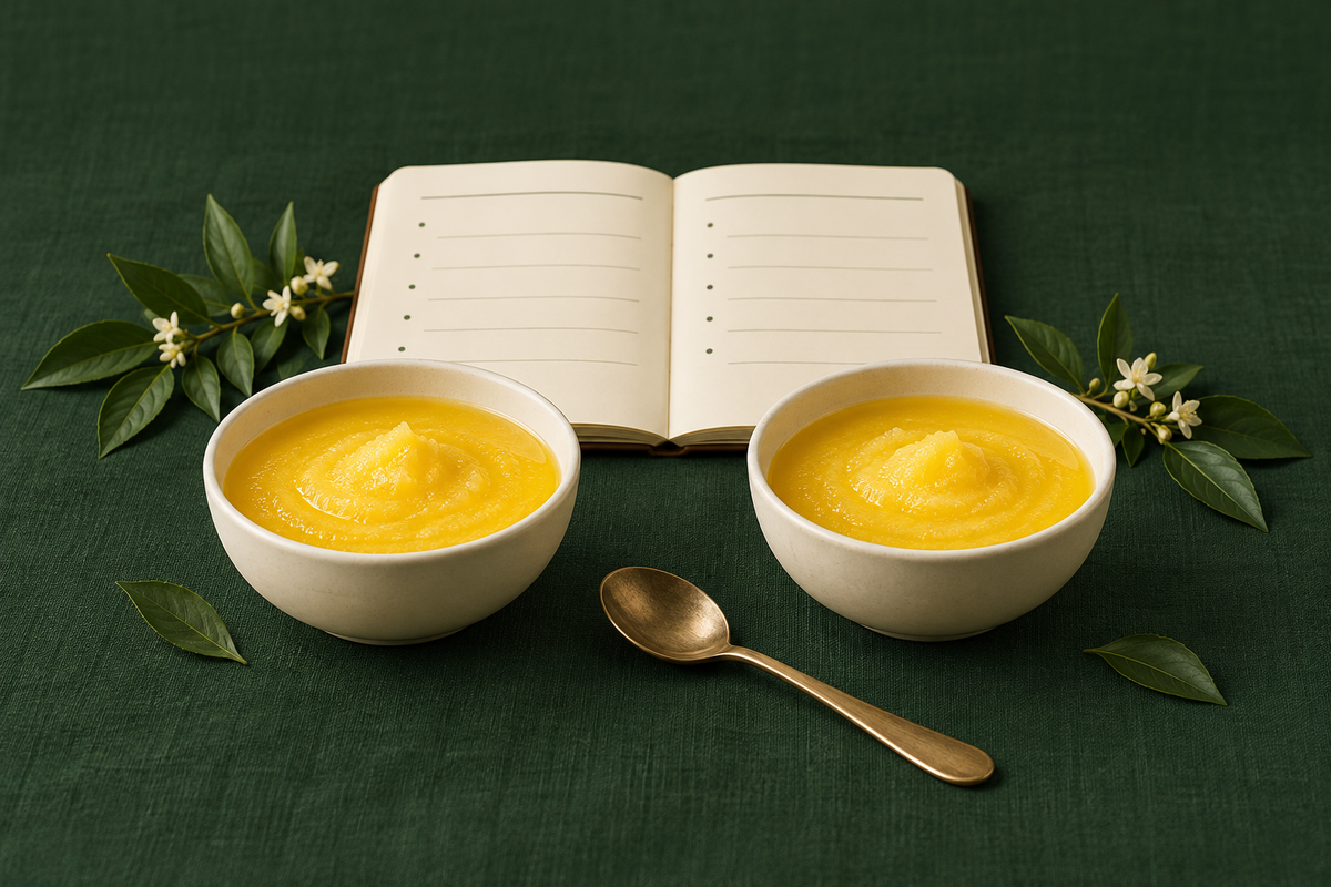 AI-generated editorial illustration of two equal bowls of ghee beside a comparison notebook on forest-green linen.