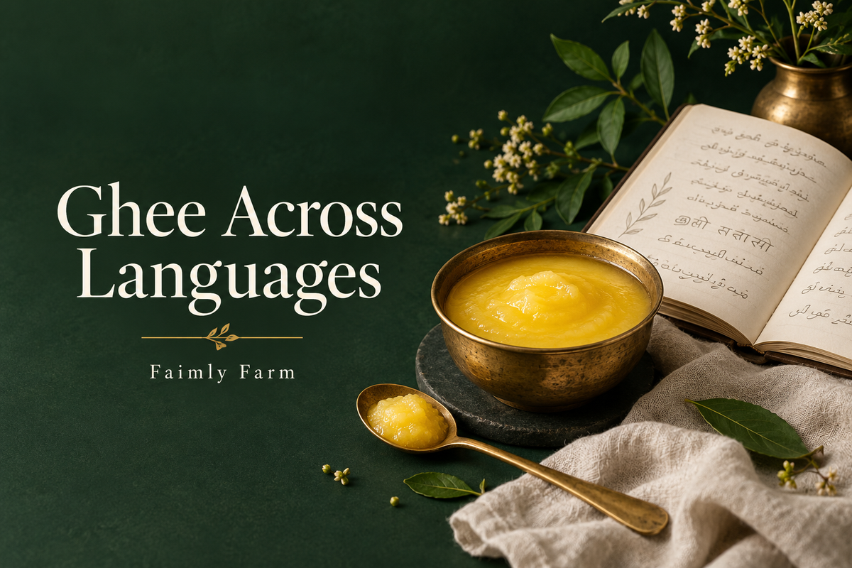 AI-generated illustration of a brass bowl of ghee beside a decorative recipe notebook on a forest-green background, titled Ghee Across Languages.