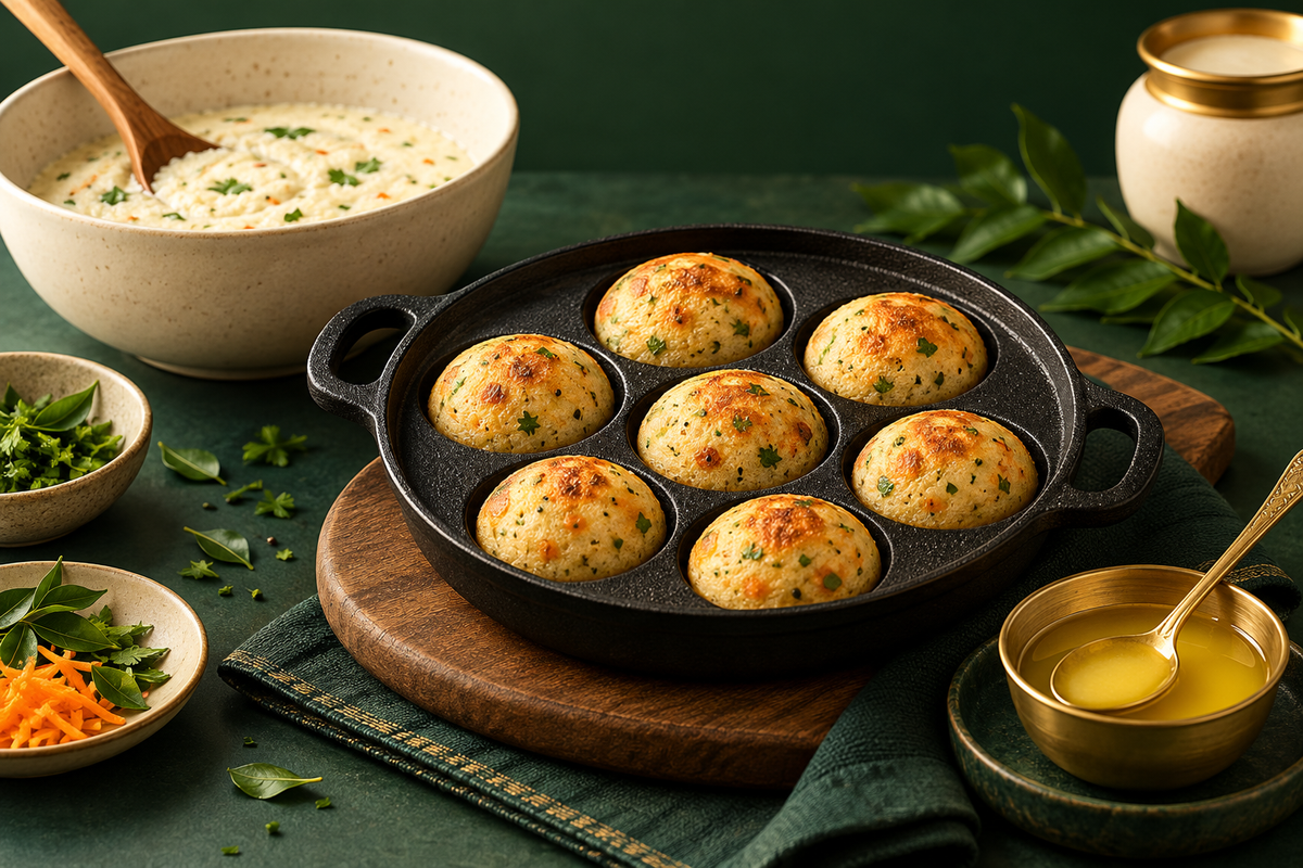 AI-generated editorial illustration: an appe pan with golden round semolina dumplings, an ivory batter bowl and brass ghee spoon.