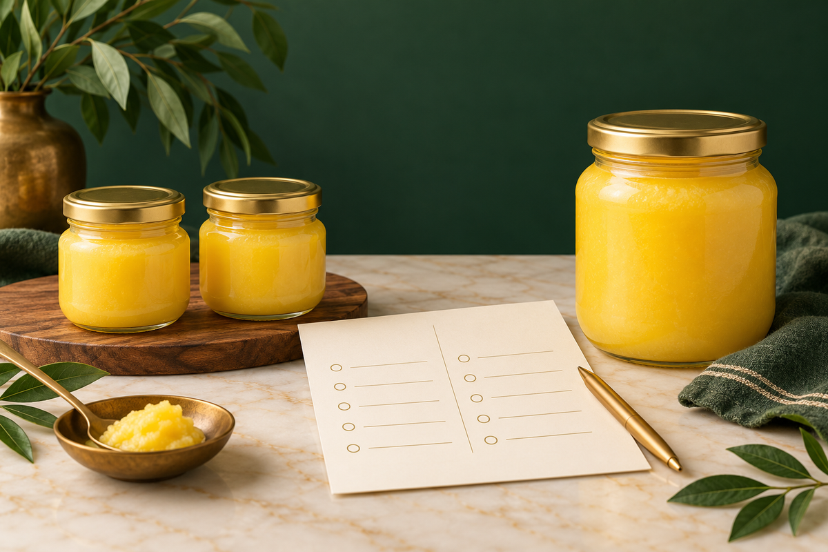 AI-generated editorial illustration: two small unlabelled ghee jars and one larger jar beside an ivory purchase worksheet.