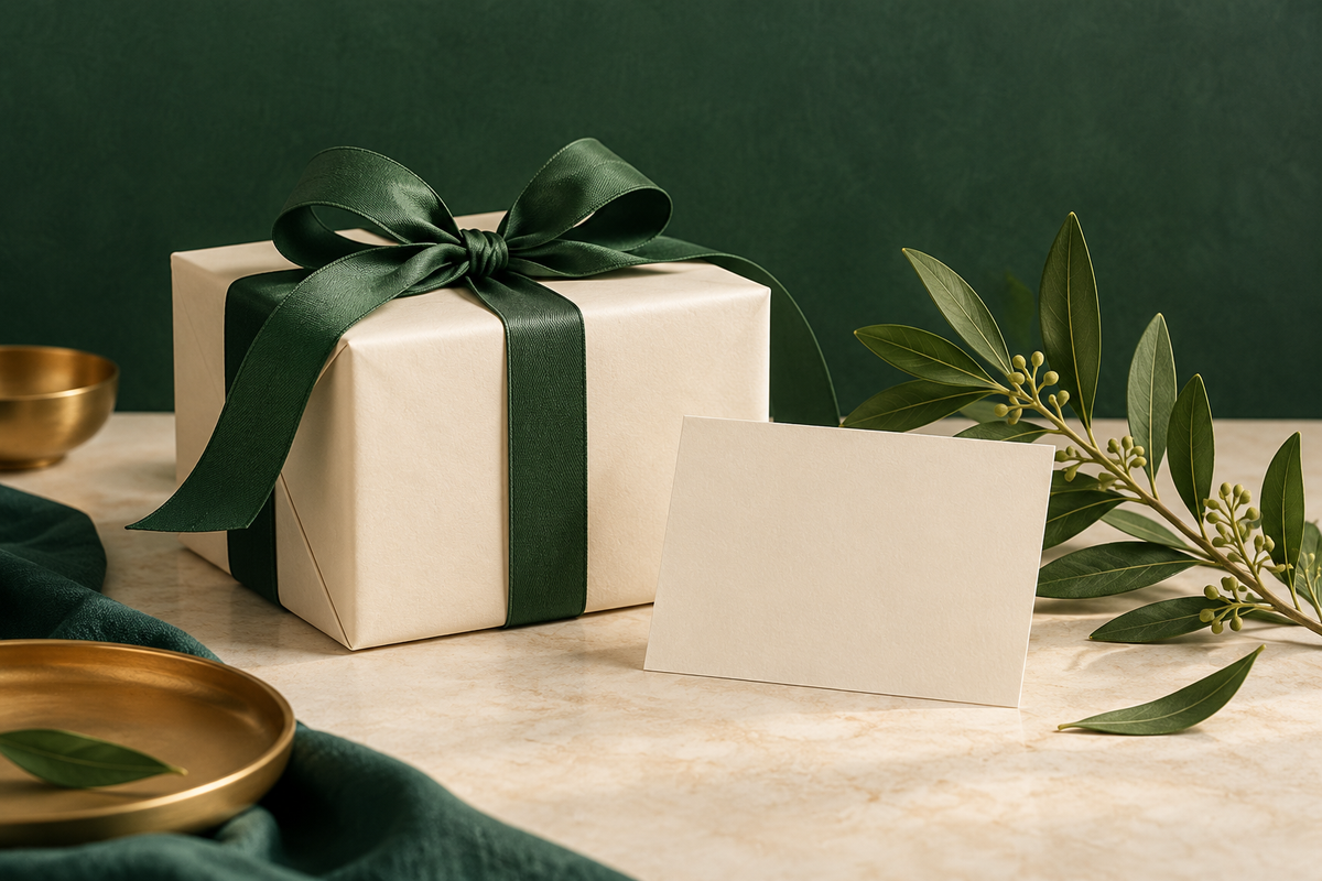 AI-generated illustration: closed ivory gift box with green ribbon beside blank choice card and leafy sprig in forest green and ivory