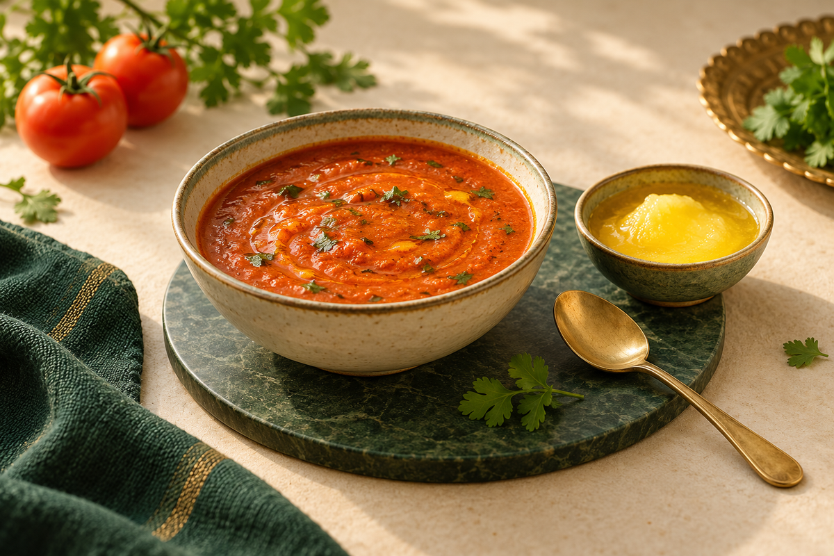 AI-generated illustration: small bowl of smooth tomato gravy beside spoon and modest bowl of ghee in forest green and ivory