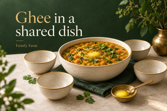 AI-generated illustration of a shared bowl of dal, four portion bowls and a spoon of ghee.
