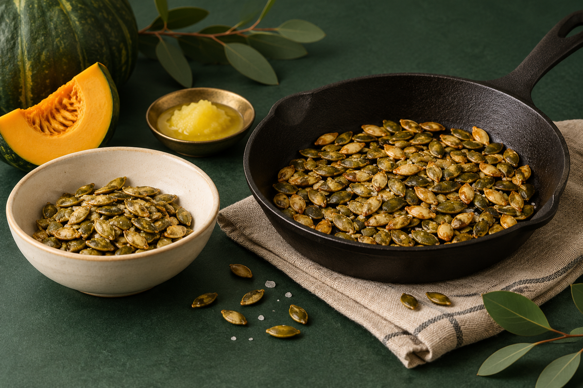 AI-generated illustration: green pumpkin seeds lightly toasted in skillet beside ivory bowl in forest green and ivory