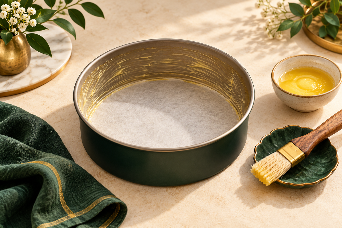 AI-generated illustration: empty round cake tin with parchment base, pastry brush and small ghee bowl in forest green and ivory