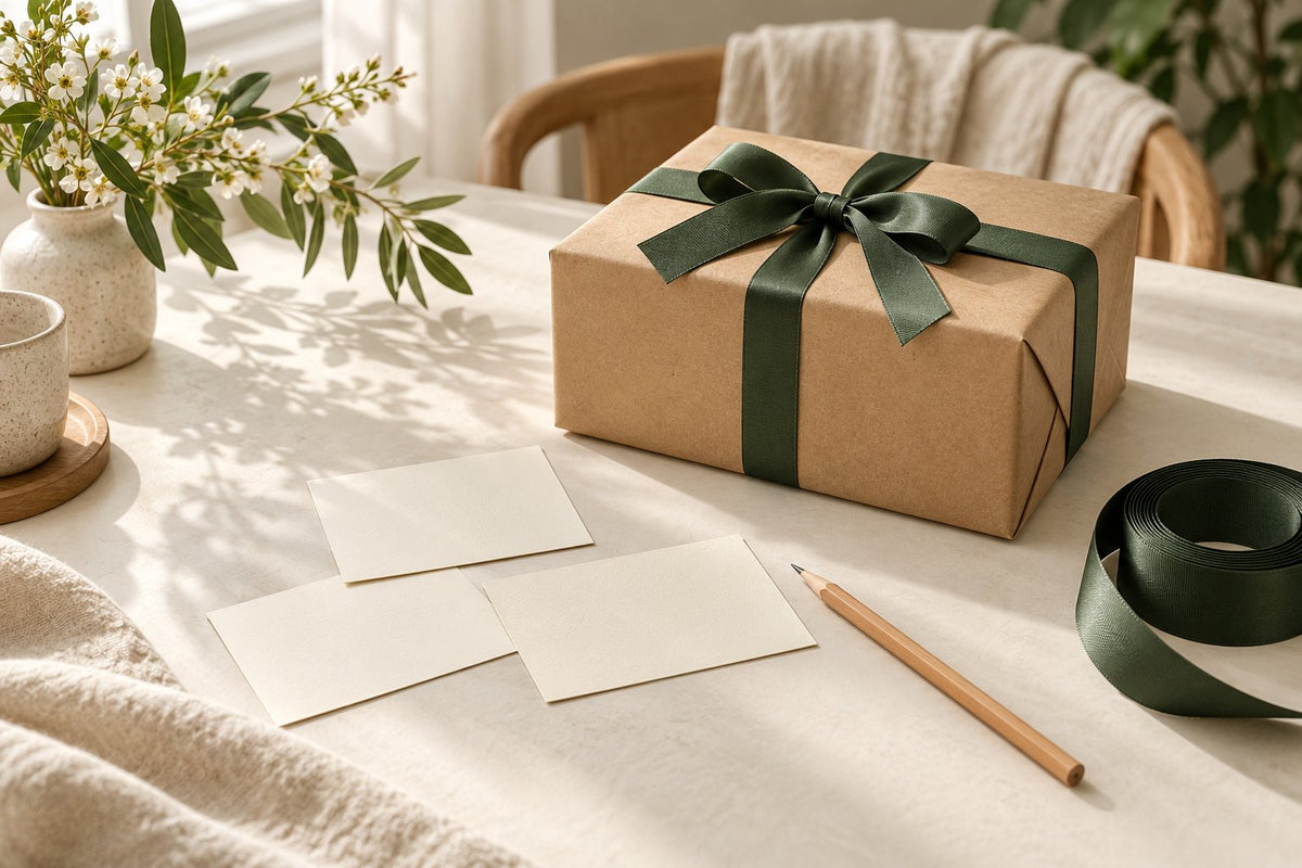 Editorial illustration of one kraft gift box with three blank contribution cards