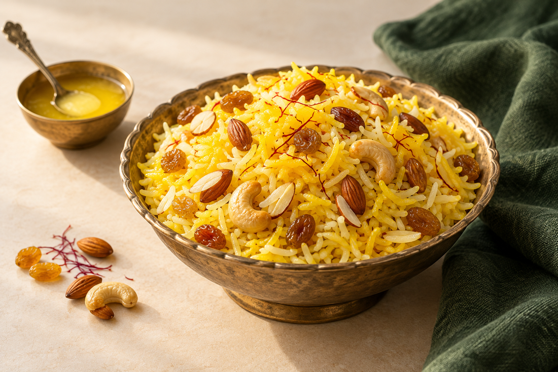 Kashmiri Modur Pulav Recipe with A2 Ghee (Sweet Saffron Rice)