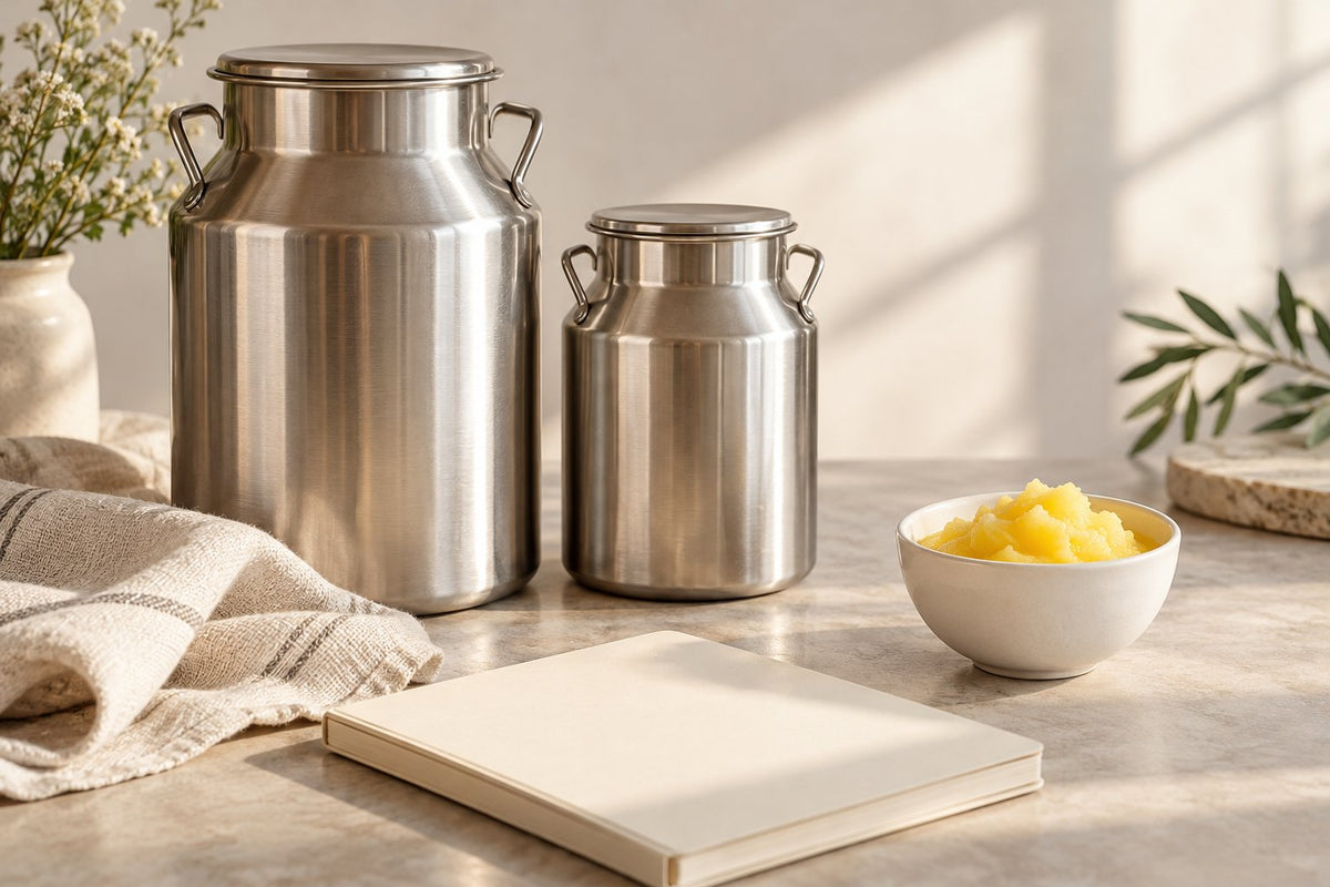 Contemporary editorial illustration of plain milk cans, a blank notebook and a bowl of milk fat